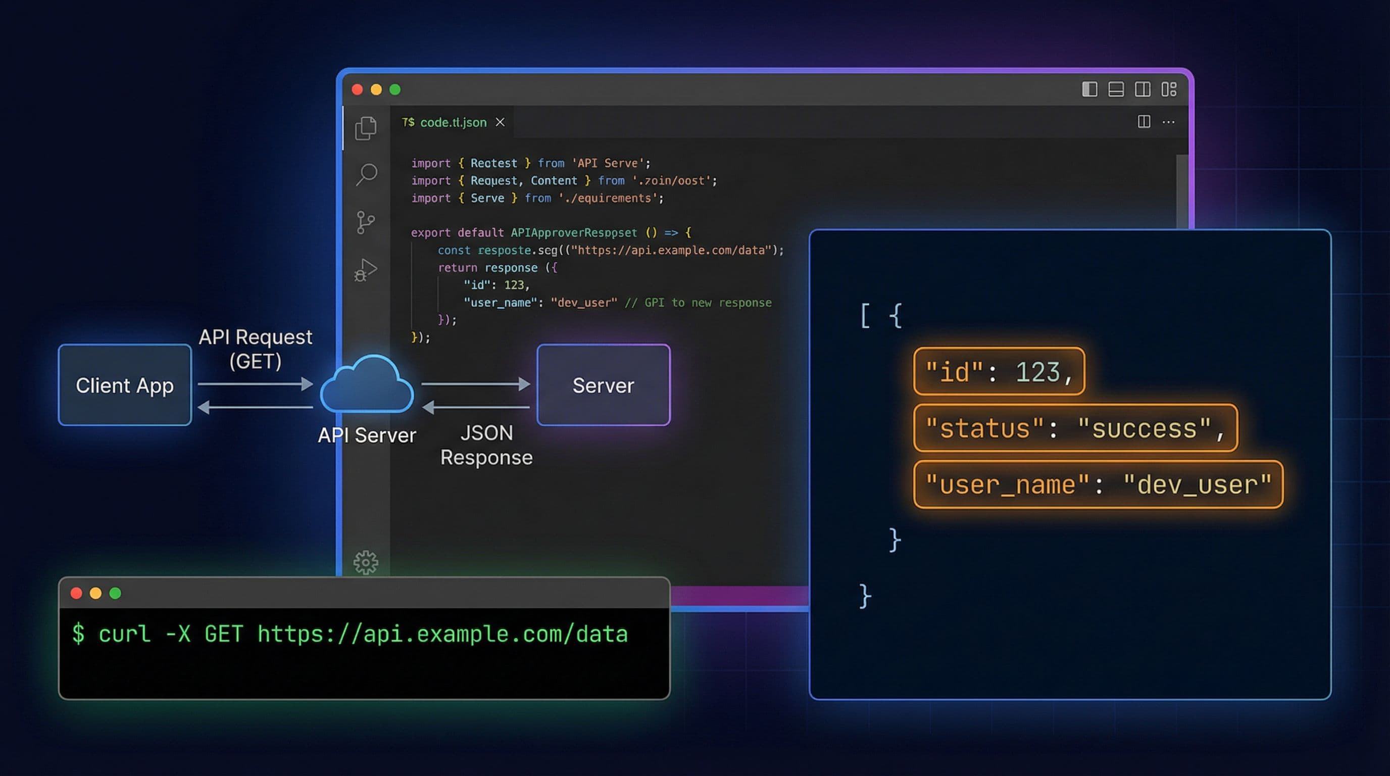 API request en response flow met code snippets en JSON output