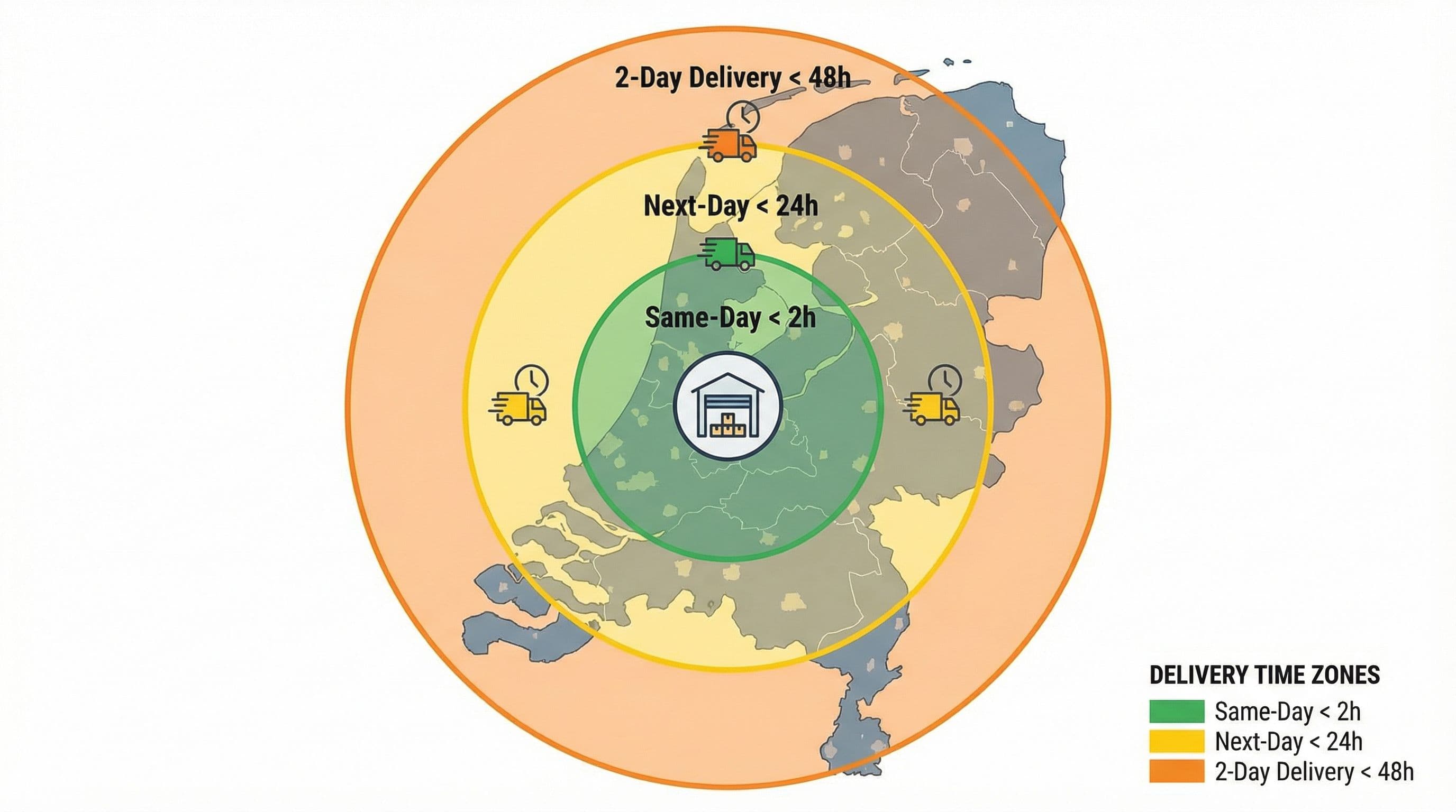 Bezorgzones visualisatie met concentrische cirkels rondom warehouse