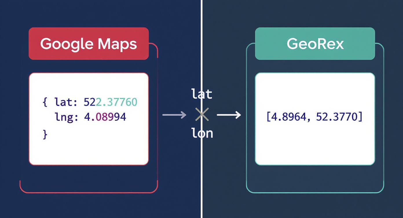 Vergelijking van Google Maps { lat, lng } formaat versus GeoRex [lon, lat] GeoJSON formaat