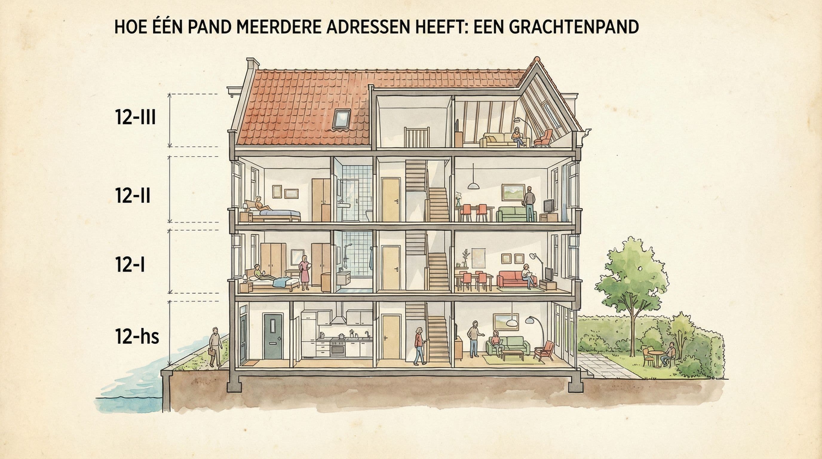 Schematische weergave van een grachtenpand met huisnummer toevoegingen per verdieping