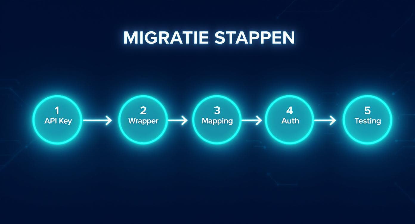 De 5 migratie stappen: API Key, Wrapper, Mapping, Auth en Testing