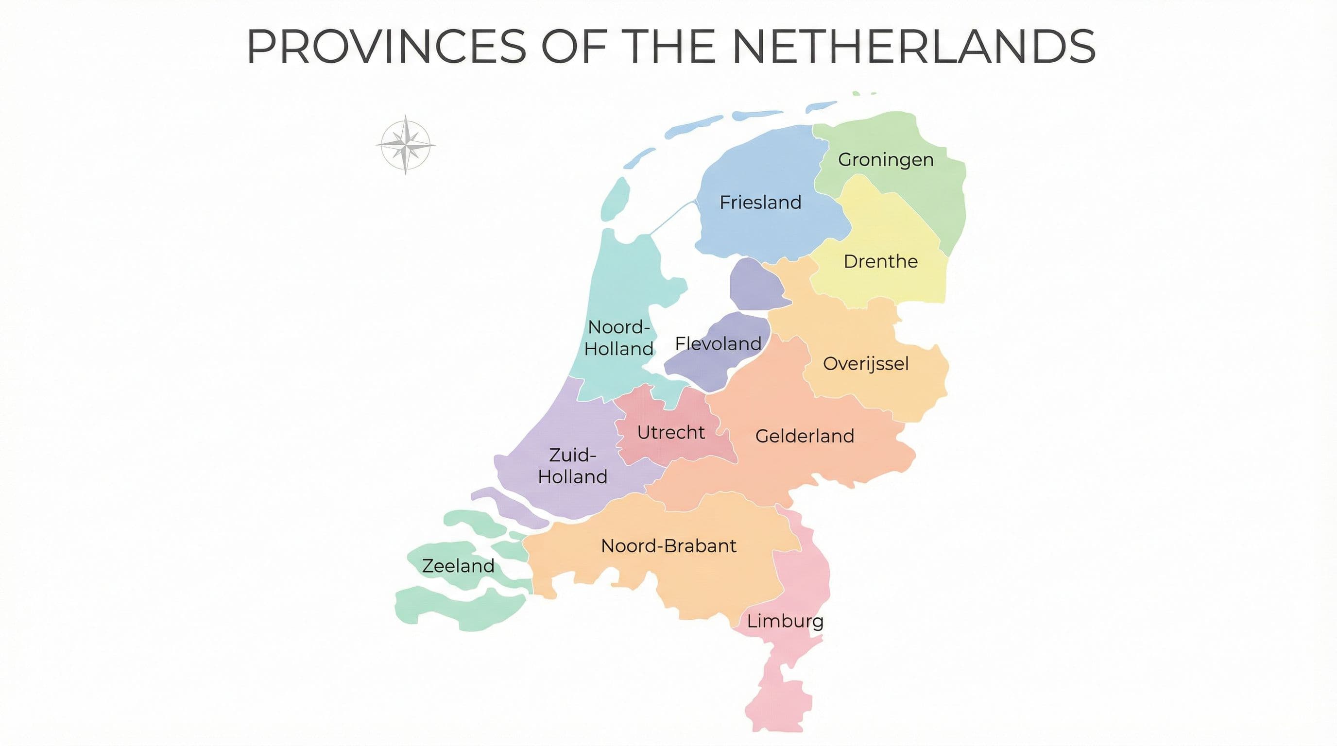 Kaart van Nederland met alle 12 provincies in verschillende kleuren