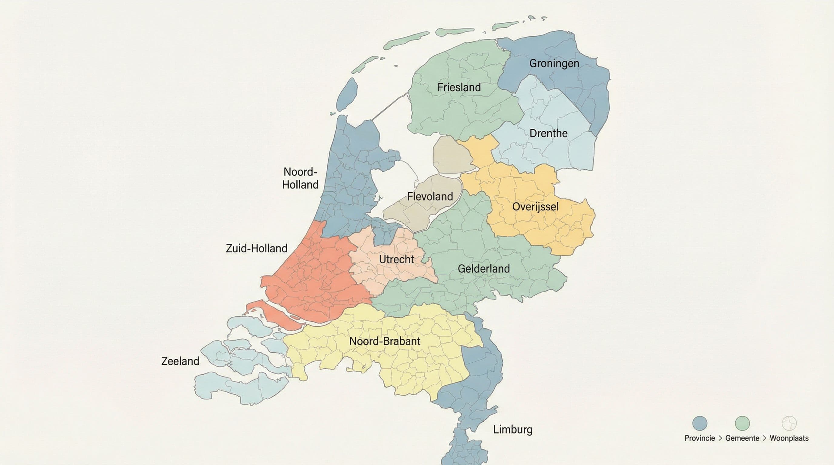 Infographic van de Nederlandse administratieve hiërarchie met provincies, gemeenten en woonplaatsen