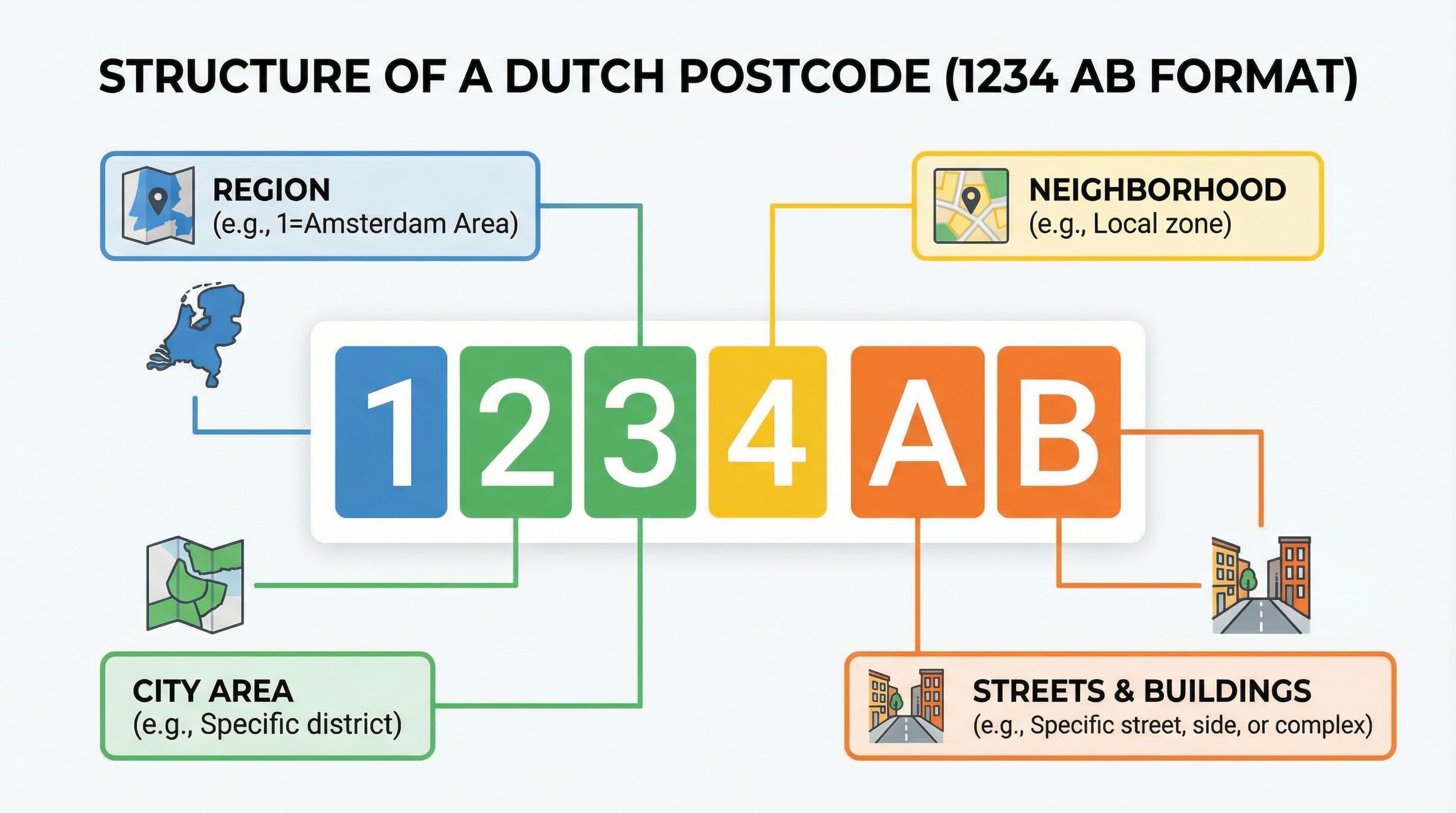 Diagram van de structuur van een Nederlandse postcode met uitleg van elk onderdeel