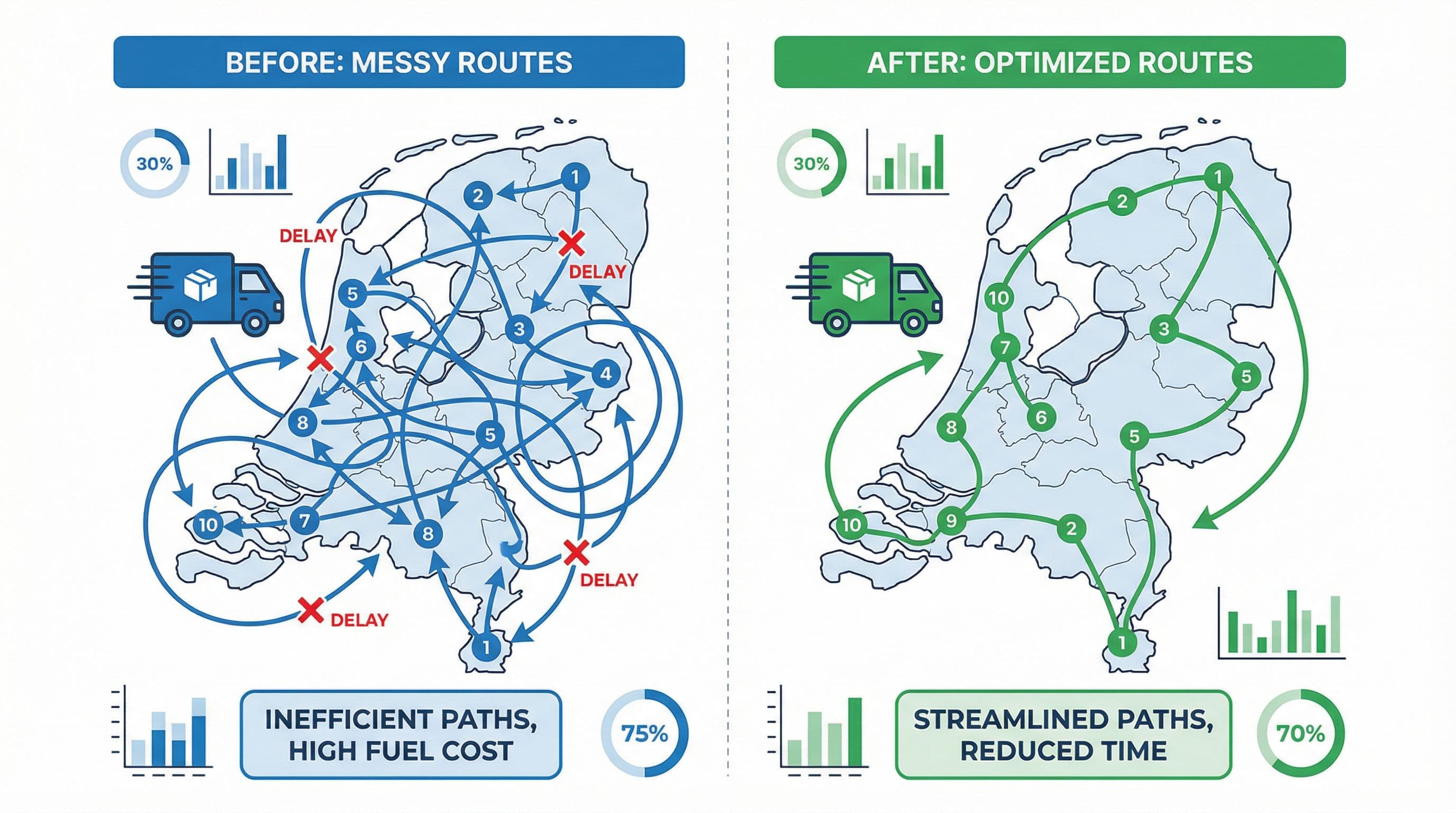 Route optimalisatie visualisatie met bezorgpunten op kaart van Nederland