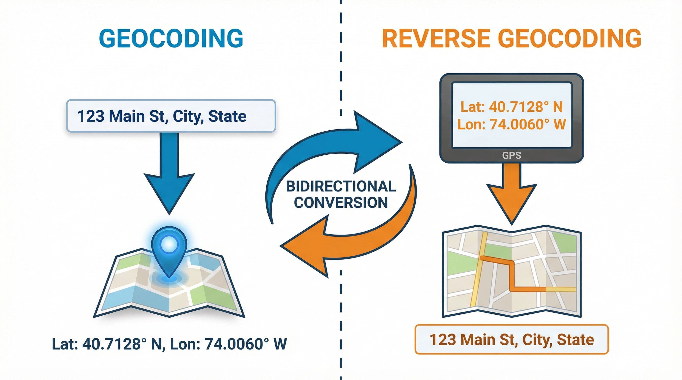 Vergelijking tussen geocoding en reverse geocoding met pijlen in beide richtingen